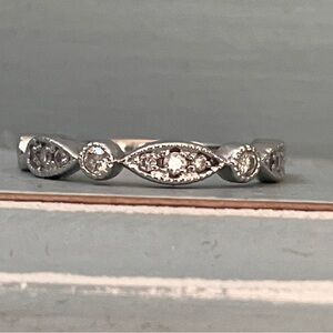 Delicate Silver-Tone Milgrain Diamond Accent Ring - White